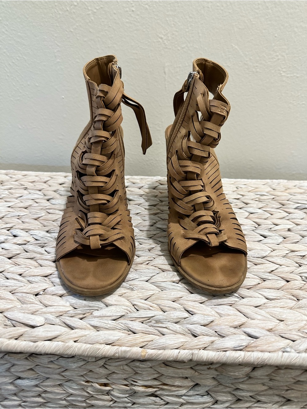Women's Tan Braided Open-Toe Heeled Sandals